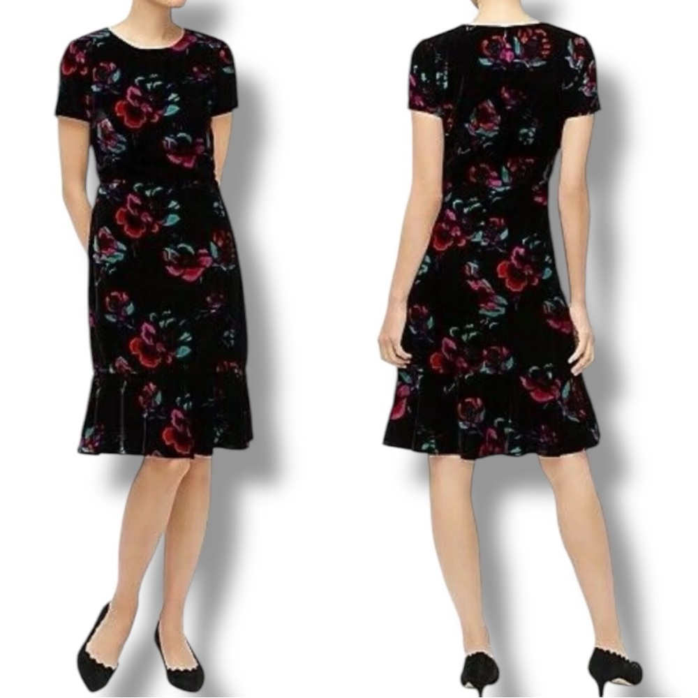 J. Crew Factory Velvet Floral Flutter Dress Black Short Sleeve 00
